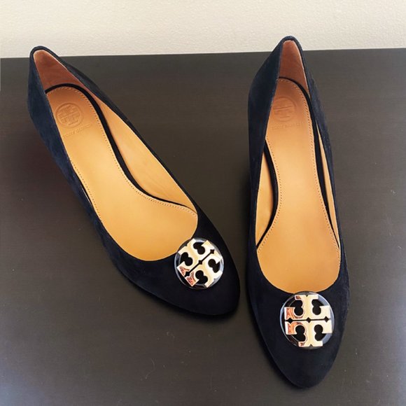 Tory Burch Shoes - NWT Tory Burch Wedges Suede Black Shoes T Logo 8.5